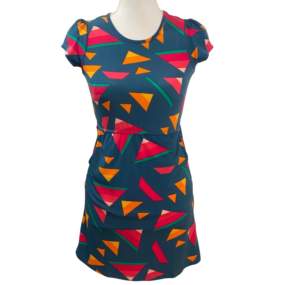 LuLaRoe Kids Geometric Print Dress Size 10 Blue Pink Orange Yellow Short Sleeve
